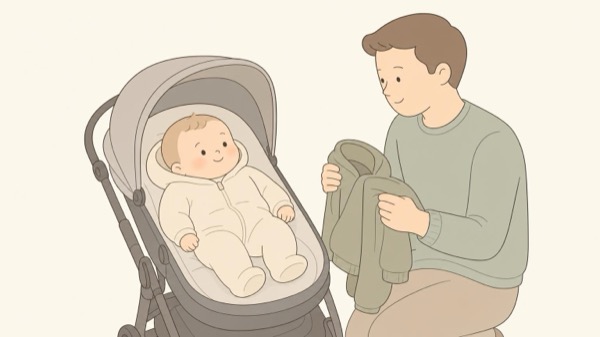Niemowlę w body z długim rękawem i kombinezonie leży w wózku, obok rodzic trzyma zdjętą bluzę