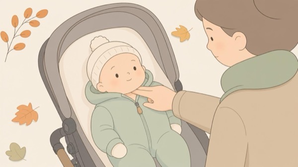 Rodzic wsuwający dwa palce za kołnierz i dotykający karku niemowlęcia w wózku podczas jesiennego spaceru