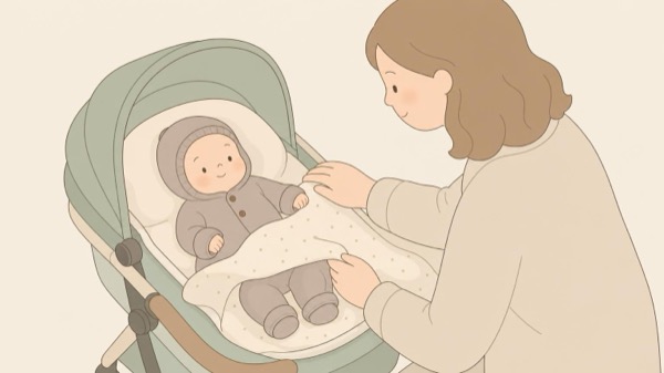 Niemowlę w wełnianym kombinezonie merino z zawiniętymi rękawami i nogawkami leży w wózku, rodzic poprawia kocyk